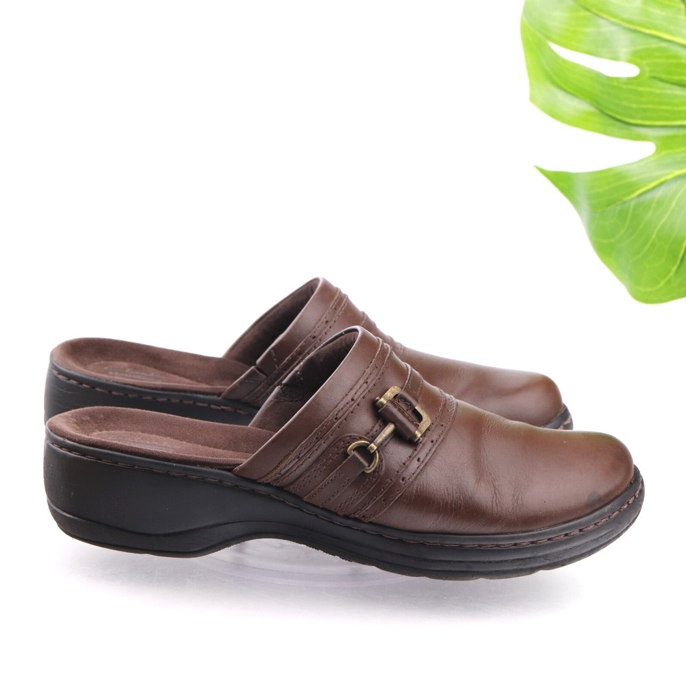Clarks Shoes Womens Mule Size 9.5 Brown Leather Clogs Slip On Comfort Low Wedge